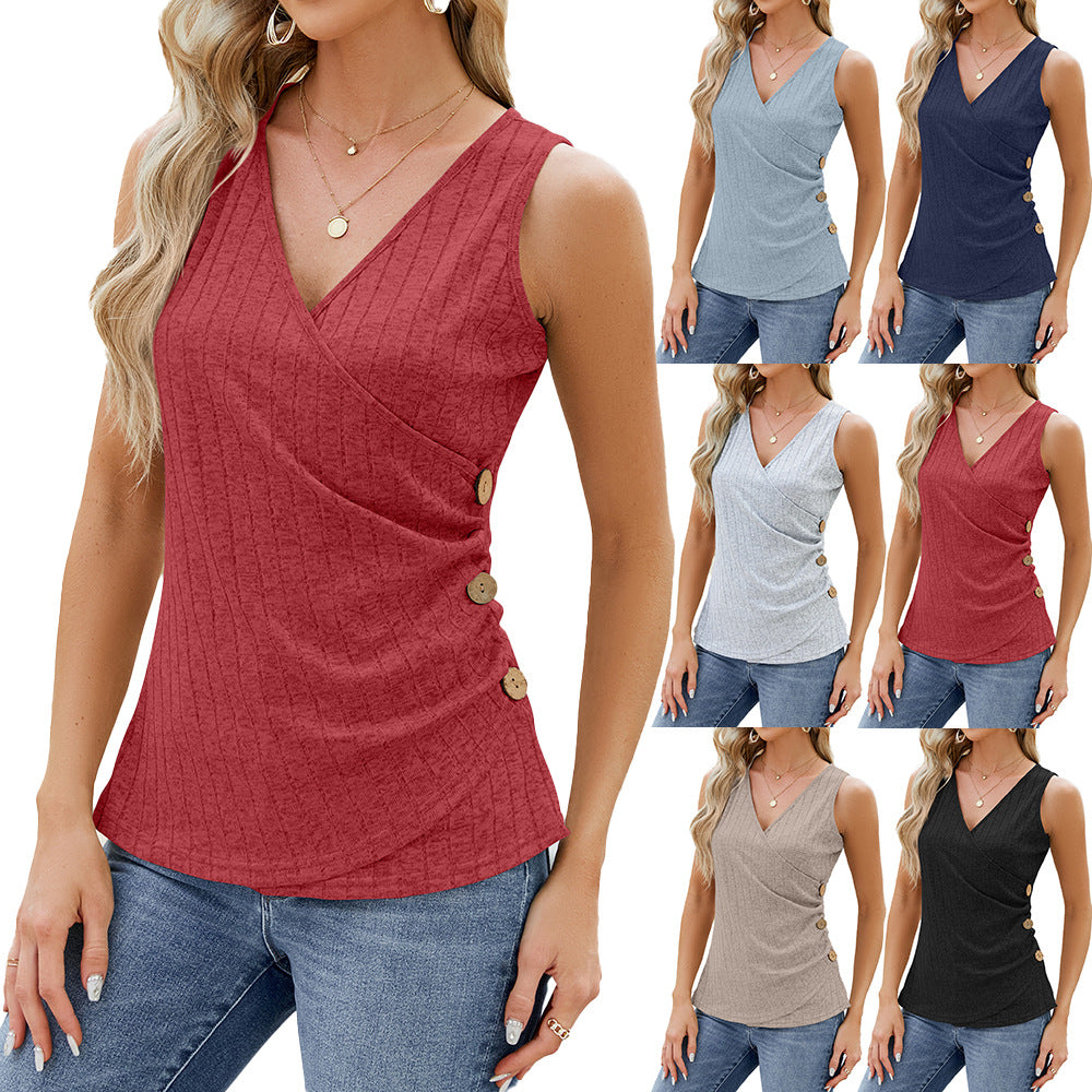 Mode Weste Mit Knopf Design Neue Ärmellose V-ausschnitt T-shirt Einfarbig Tank Tops Sommer frauen Kleidung