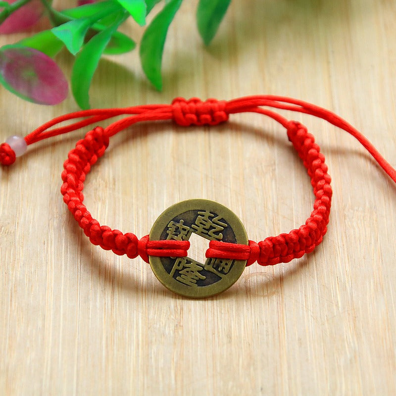 Bracelet en corde rouge Bunbun tissé à la main, pièce de monnaie en cuivre