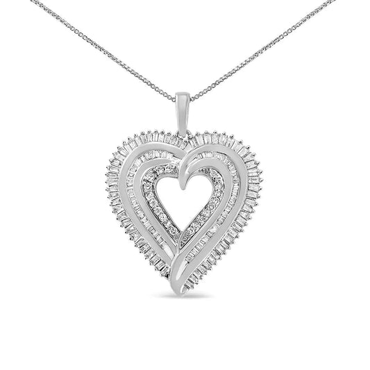 .925 Sterling Silver 1 1/2 Cttw Baguette Diamond Composite Heart 18" Inch Pendant Necklace (I - J Color, I1 - I2 Clarity) - Jaazi Intl
