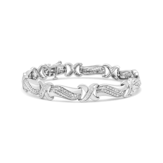 .925 Sterling Silver 1 3/4 Cttw Diamond Wave and X Link Tennis Bracelet (I - J Color, I3 Clarity) - 7" - Jaazi Intl