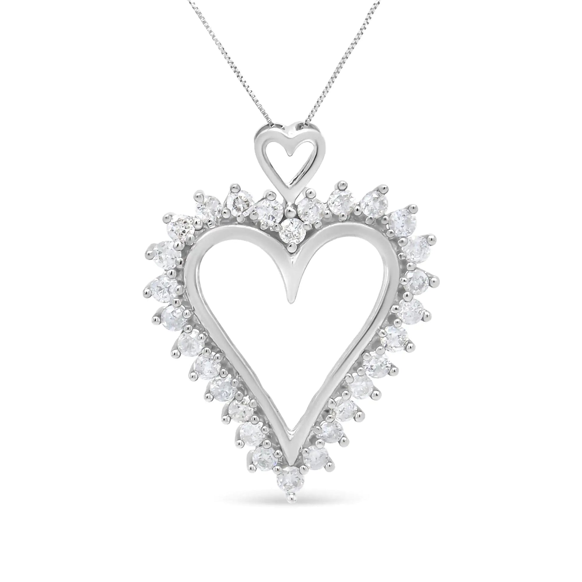 .925 Sterling Silver 1 3/4 Cttw Round Diamond Lined Open Heart Pendant 18" Necklace (I - J Color, I2 - I3 Clarity) - Jaazi Intl