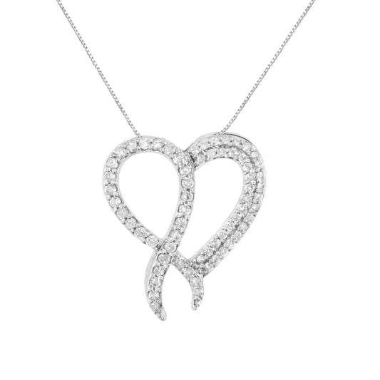 .925 Sterling Silver 1 cttw Diamond Heart and Ribbon 18" Pendant Necklace (I - J Clarity, I2 - I3 Color) - 18" - Jaazi Intl