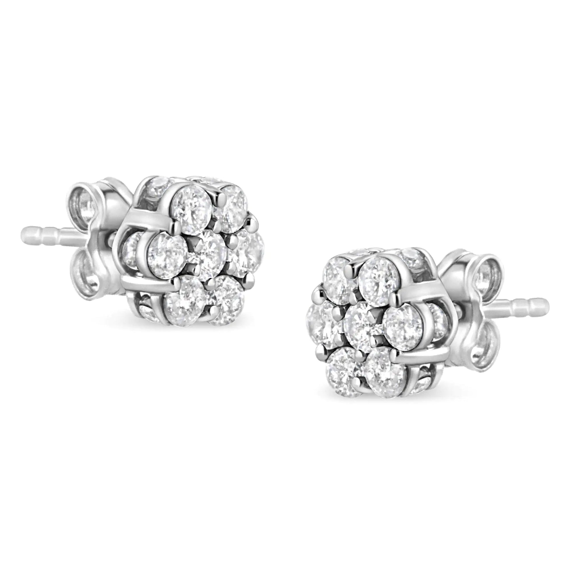 .925 Sterling Silver 1.0 Cttw Diamond Cluster 7 Stone Floral Stud Earring (I - J Color, I1 - I2 Clarity) - Jaazi Intl