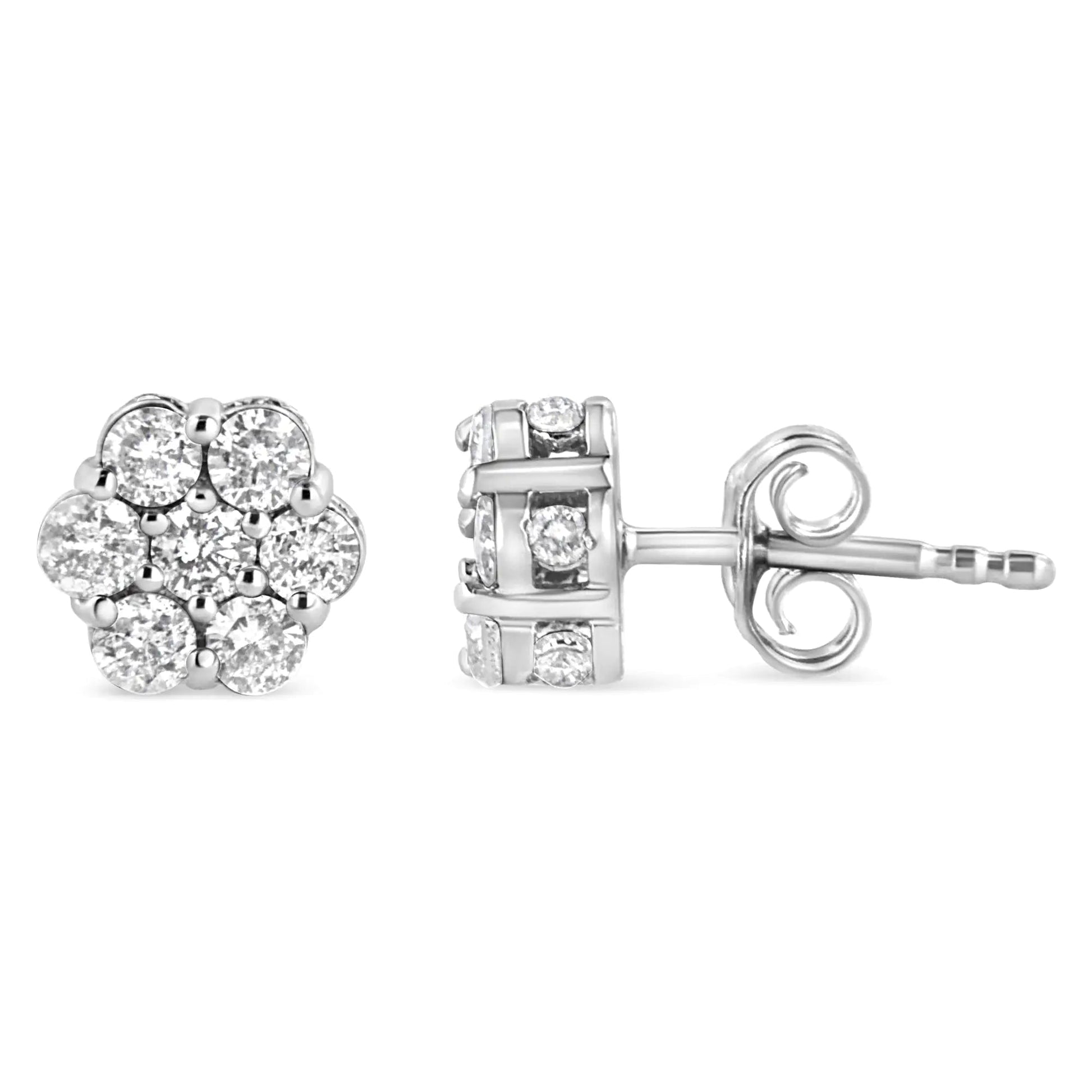 .925 Sterling Silver 1.0 Cttw Diamond Cluster 7 Stone Floral Stud Earring (I - J Color, I1 - I2 Clarity) - Jaazi Intl