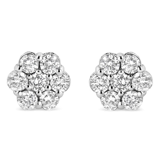 .925 Sterling Silver 1.0 Cttw Diamond Cluster 7 Stone Floral Stud Earring (I - J Color, I1 - I2 Clarity) - Jaazi Intl