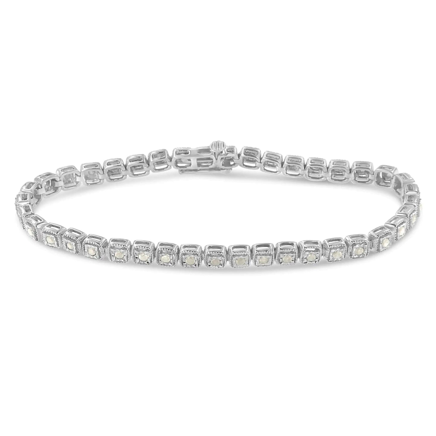 .925 Sterling Silver 1.0 Cttw Diamond Miracle - Set Square Milgrain 7" Link Tennis Bracelet (I - J Color, I3 Clarity) - Jaazi Intl