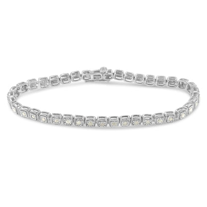 .925 Sterling Silver 1.0 Cttw Diamond Miracle - Set Square Milgrain 7" Link Tennis Bracelet (I - J Color, I3 Clarity) - Jaazi Intl