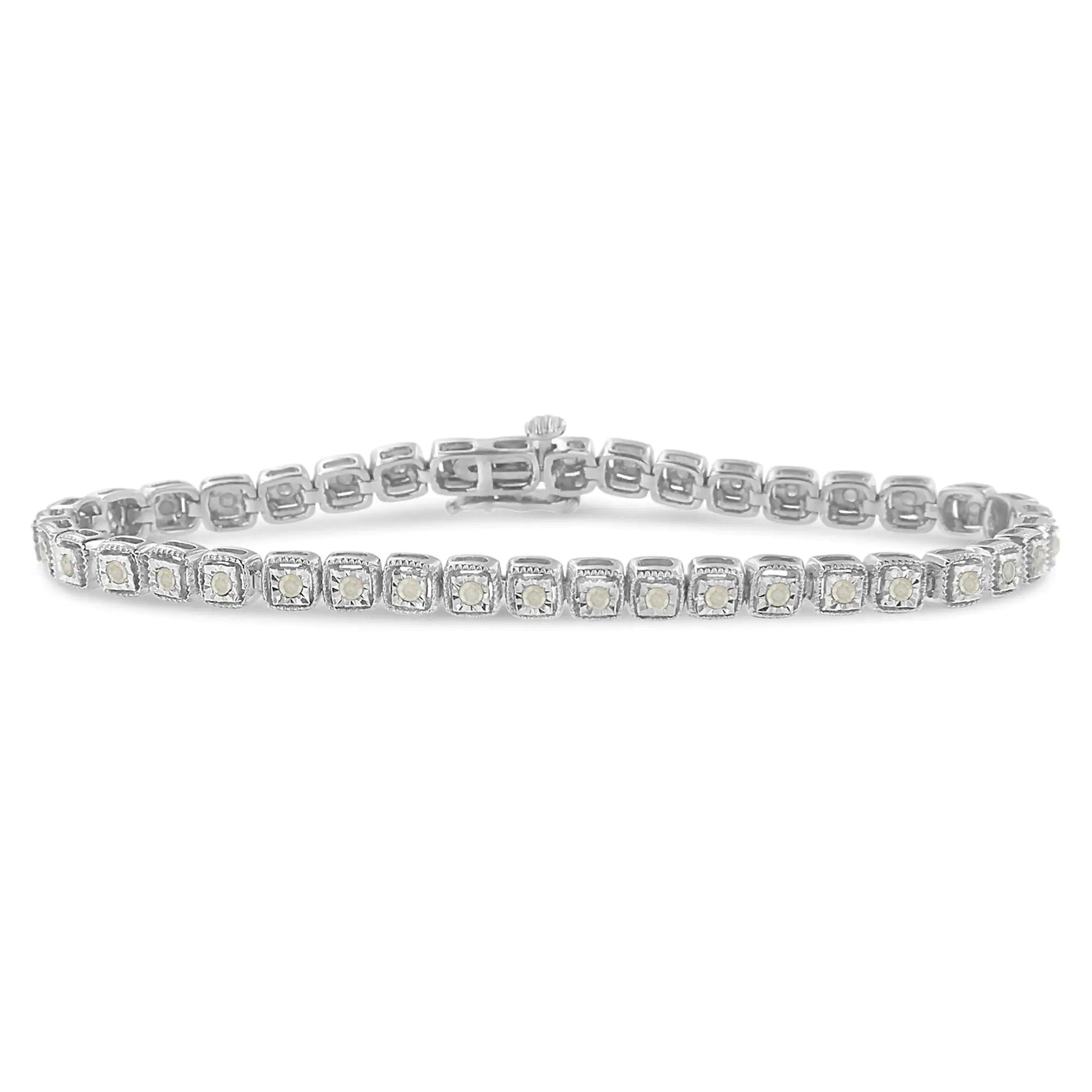 .925 Sterling Silver 1.0 Cttw Diamond Miracle - Set Square Milgrain 7" Link Tennis Bracelet (I - J Color, I3 Clarity) - Jaazi Intl