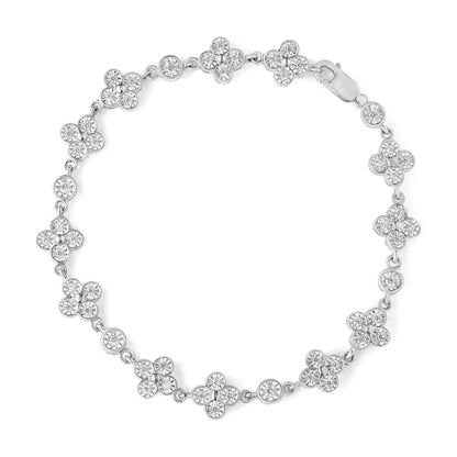 .925 Sterling Silver 1.0 Cttw Miracle - Set Diamond 4 Leaf and Solitaire Station Link Bracelet (I - J Color, I3 Clarity) - 7.25" - Jaazi Intl