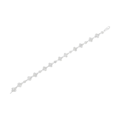 .925 Sterling Silver 1.0 Cttw Miracle - Set Diamond 4 Leaf and Solitaire Station Link Bracelet (I - J Color, I3 Clarity) - 7.25" - Jaazi Intl