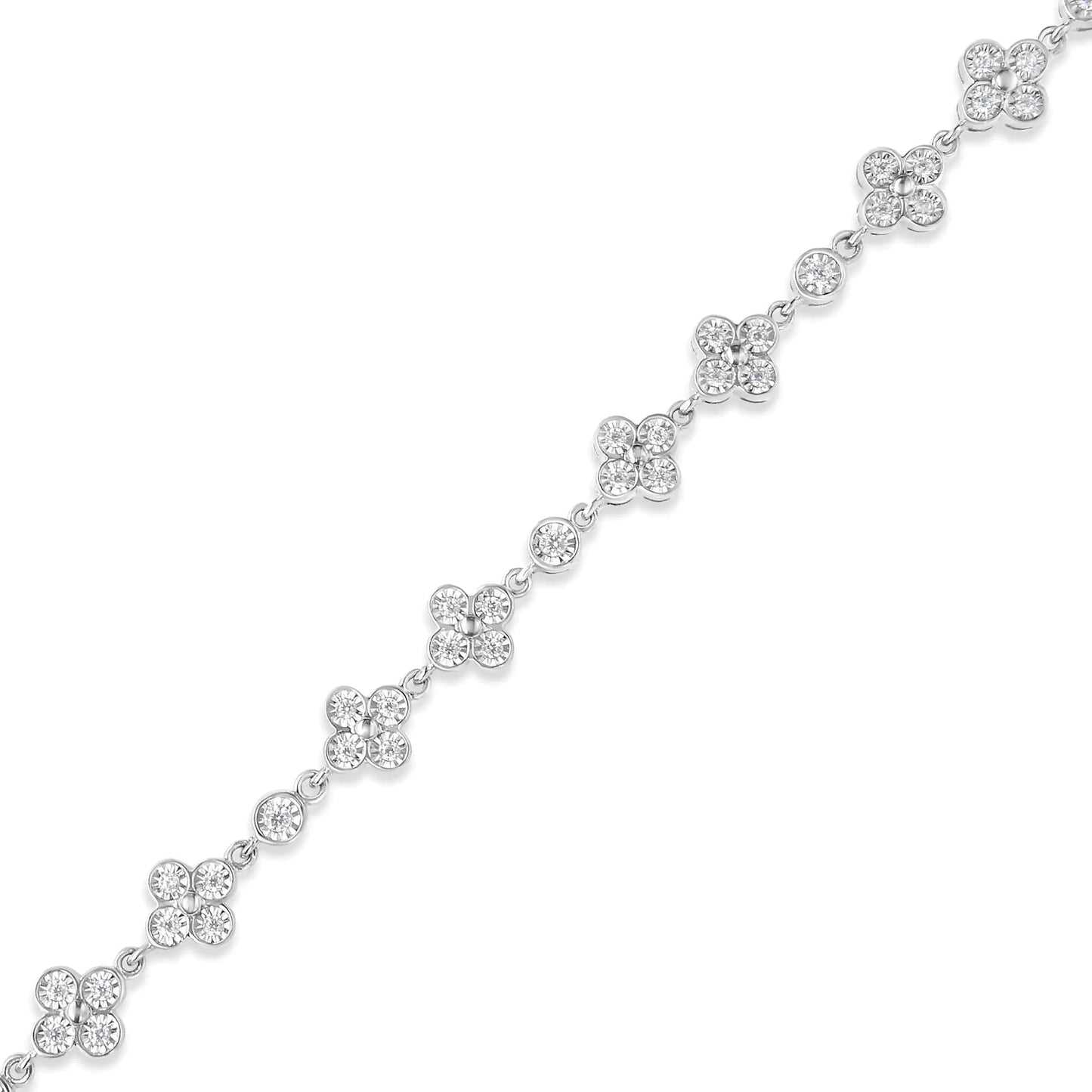 .925 Sterling Silver 1.0 Cttw Miracle - Set Diamond 4 Leaf and Solitaire Station Link Bracelet (I - J Color, I3 Clarity) - 7.25" - Jaazi Intl