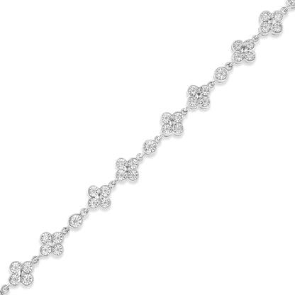 .925 Sterling Silver 1.0 Cttw Miracle - Set Diamond 4 Leaf and Solitaire Station Link Bracelet (I - J Color, I3 Clarity) - 7.25" - Jaazi Intl