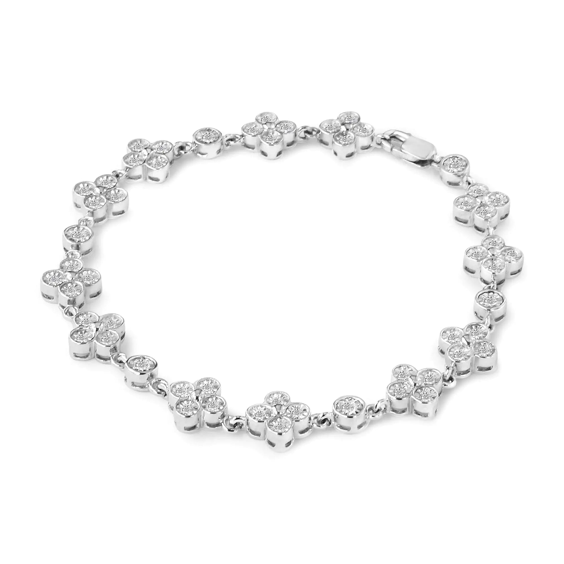 .925 Sterling Silver 1.0 Cttw Miracle - Set Diamond 4 Leaf and Solitaire Station Link Bracelet (I - J Color, I3 Clarity) - 7.25" - Jaazi Intl