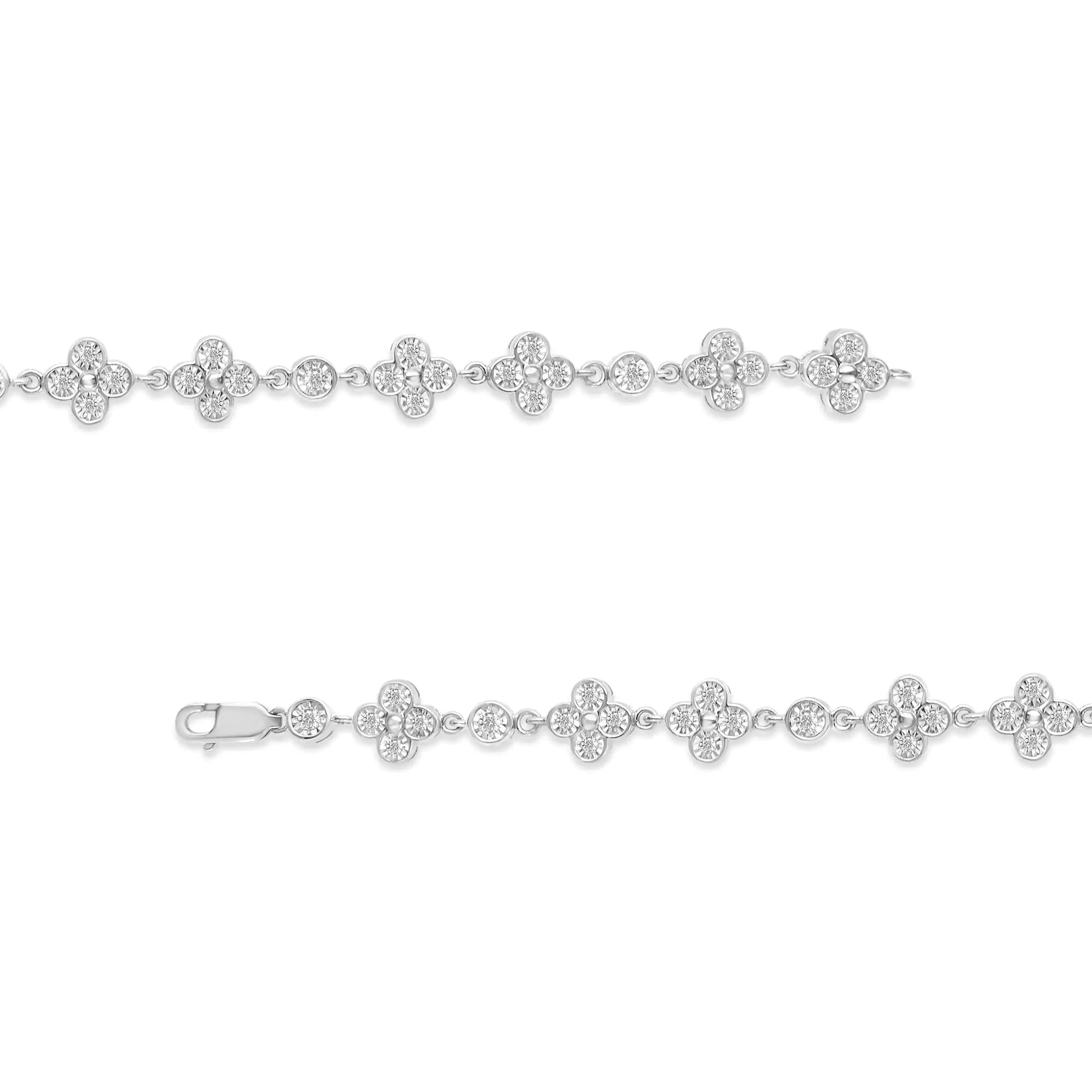 .925 Sterling Silver 1.0 Cttw Miracle - Set Diamond 4 Leaf and Solitaire Station Link Bracelet (I - J Color, I3 Clarity) - 7.25" - Jaazi Intl