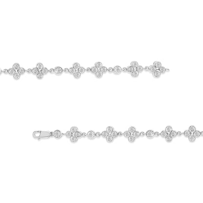 .925 Sterling Silver 1.0 Cttw Miracle - Set Diamond 4 Leaf and Solitaire Station Link Bracelet (I - J Color, I3 Clarity) - 7.25" - Jaazi Intl