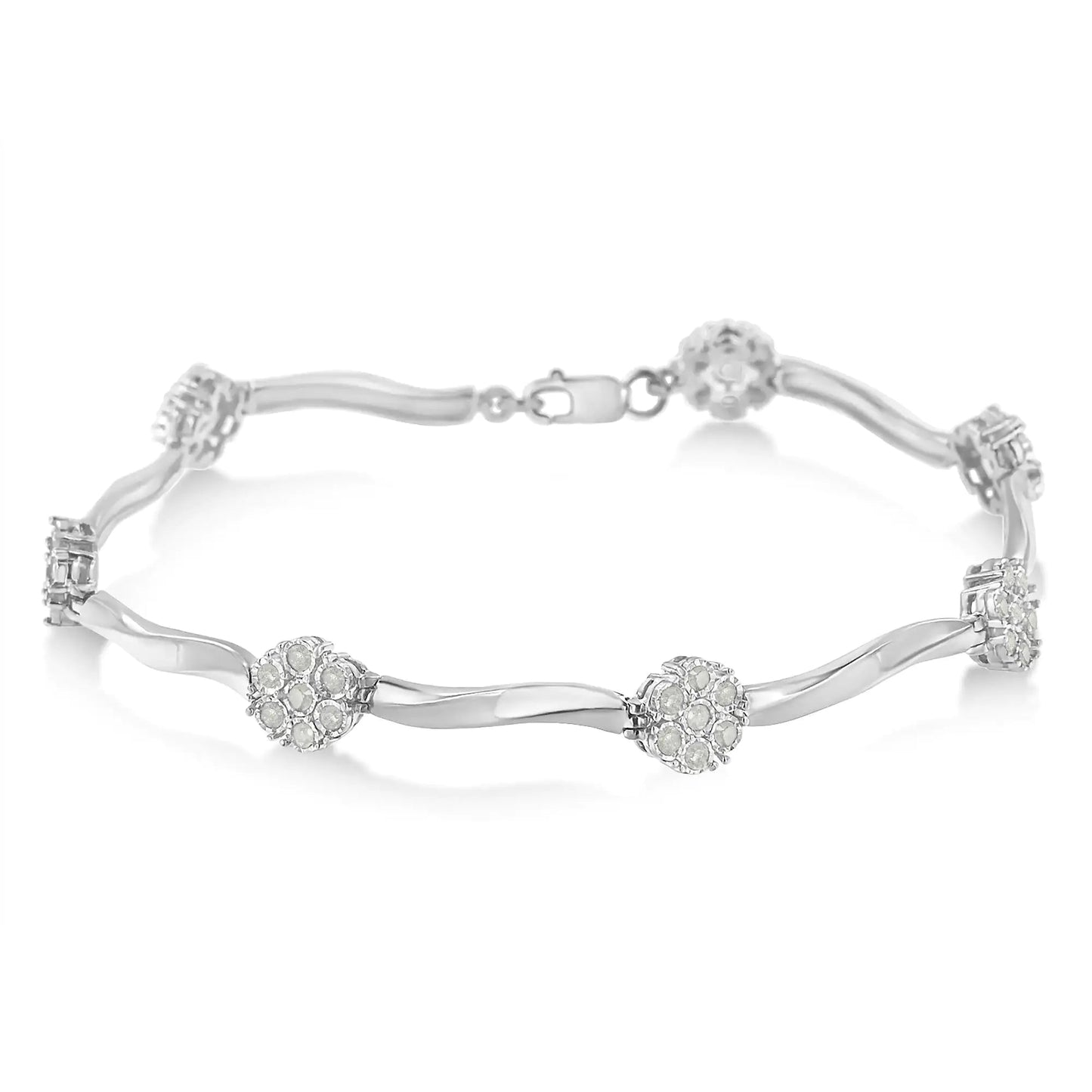 .925 Sterling Silver 1.0 cttw Miracle - Set Diamond 7 Stone Floral Cluster Link Bracelet (I - J Color, I3 Clarity) - 7" - Jaazi Intl