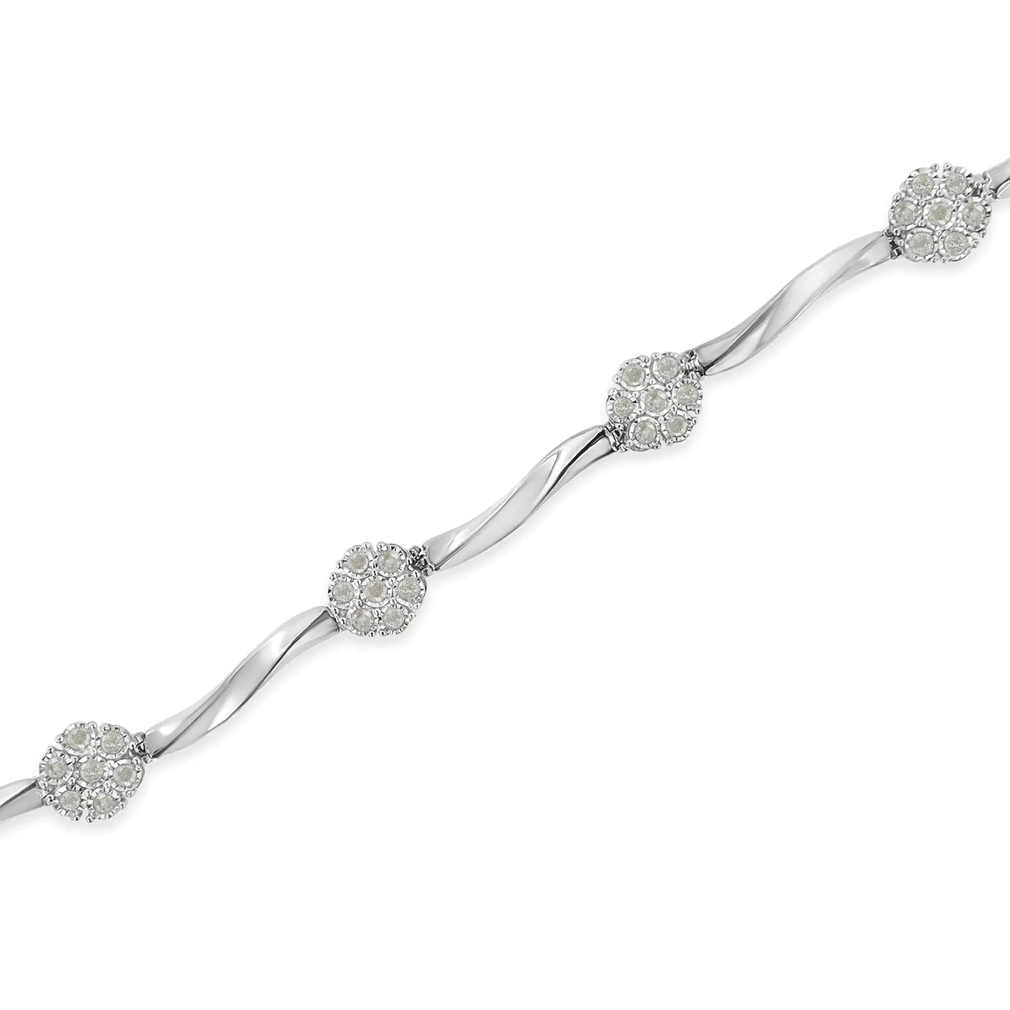 .925 Sterling Silver 1.0 cttw Miracle - Set Diamond 7 Stone Floral Cluster Link Bracelet (I - J Color, I3 Clarity) - 7" - Jaazi Intl