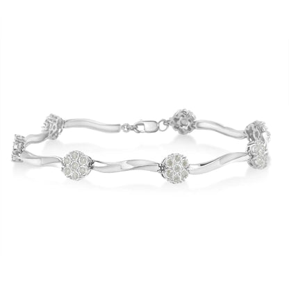 .925 Sterling Silver 1.0 cttw Miracle - Set Diamond 7 Stone Floral Cluster Link Bracelet (I - J Color, I3 Clarity) - 7" - Jaazi Intl