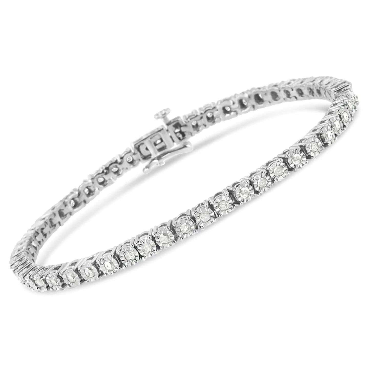 .925 Sterling Silver 1.0 Cttw Miracle - Set Diamond Round Faceted Bezel Tennis Bracelet (I - J Color, I3 Clarity) - Jaazi Intl