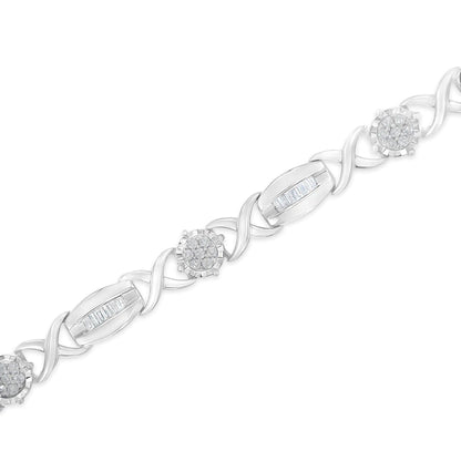 .925 Sterling Silver 1.0 Cttw Round - Cut and Baguette - Cut Diamond X - Link Bracelet (I - J Color, I1 - I2 Clarity) - 7" - Jaazi Intl