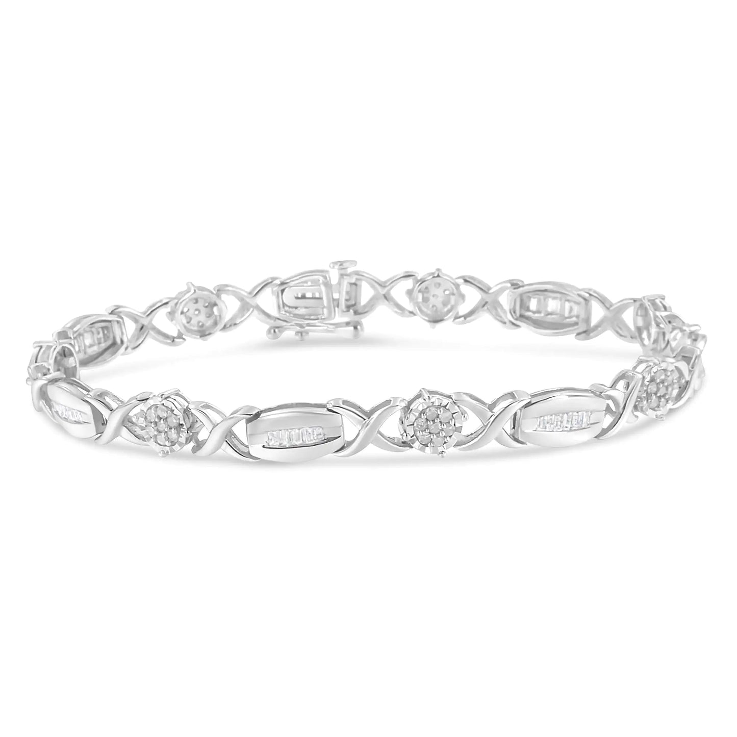 .925 Sterling Silver 1.0 Cttw Round - Cut and Baguette - Cut Diamond X - Link Bracelet (I - J Color, I1 - I2 Clarity) - 7" - Jaazi Intl