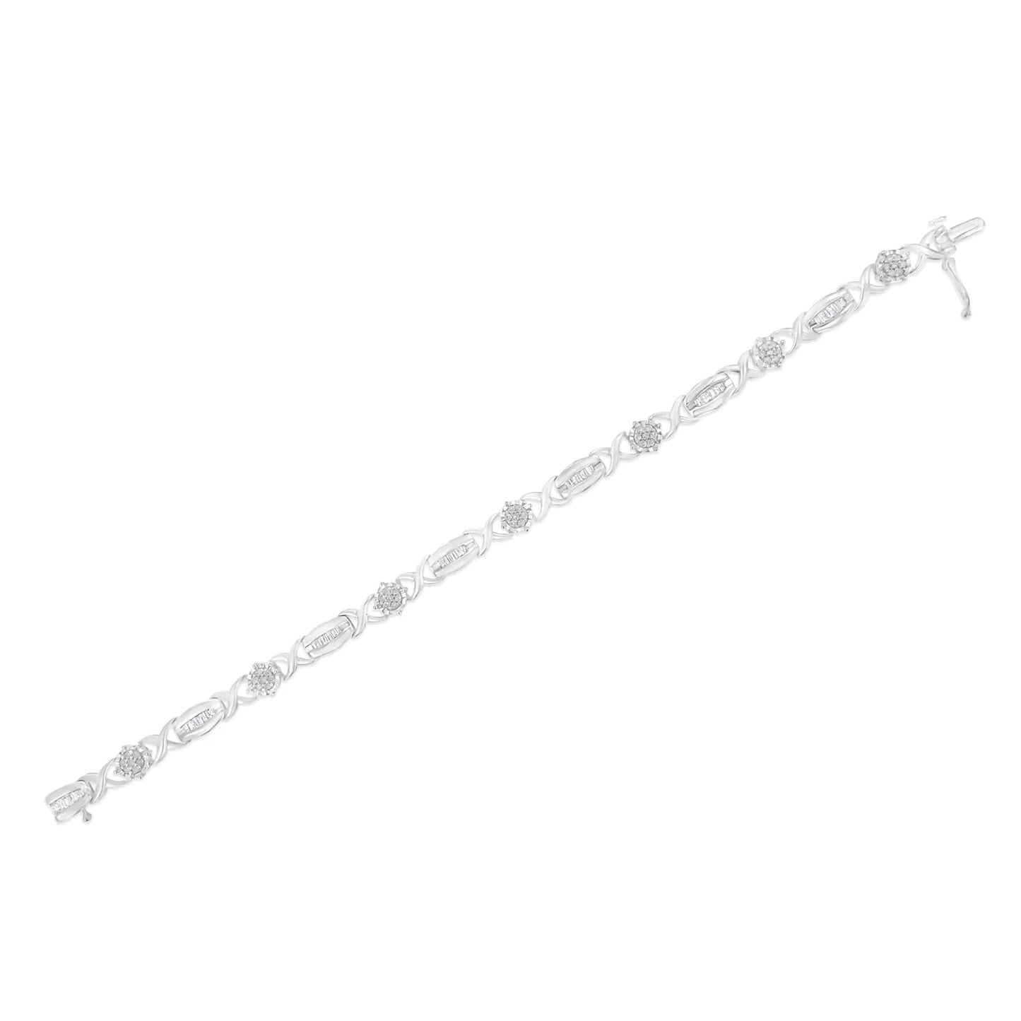 .925 Sterling Silver 1.0 Cttw Round - Cut and Baguette - Cut Diamond X - Link Bracelet (I - J Color, I1 - I2 Clarity) - 7" - Jaazi Intl