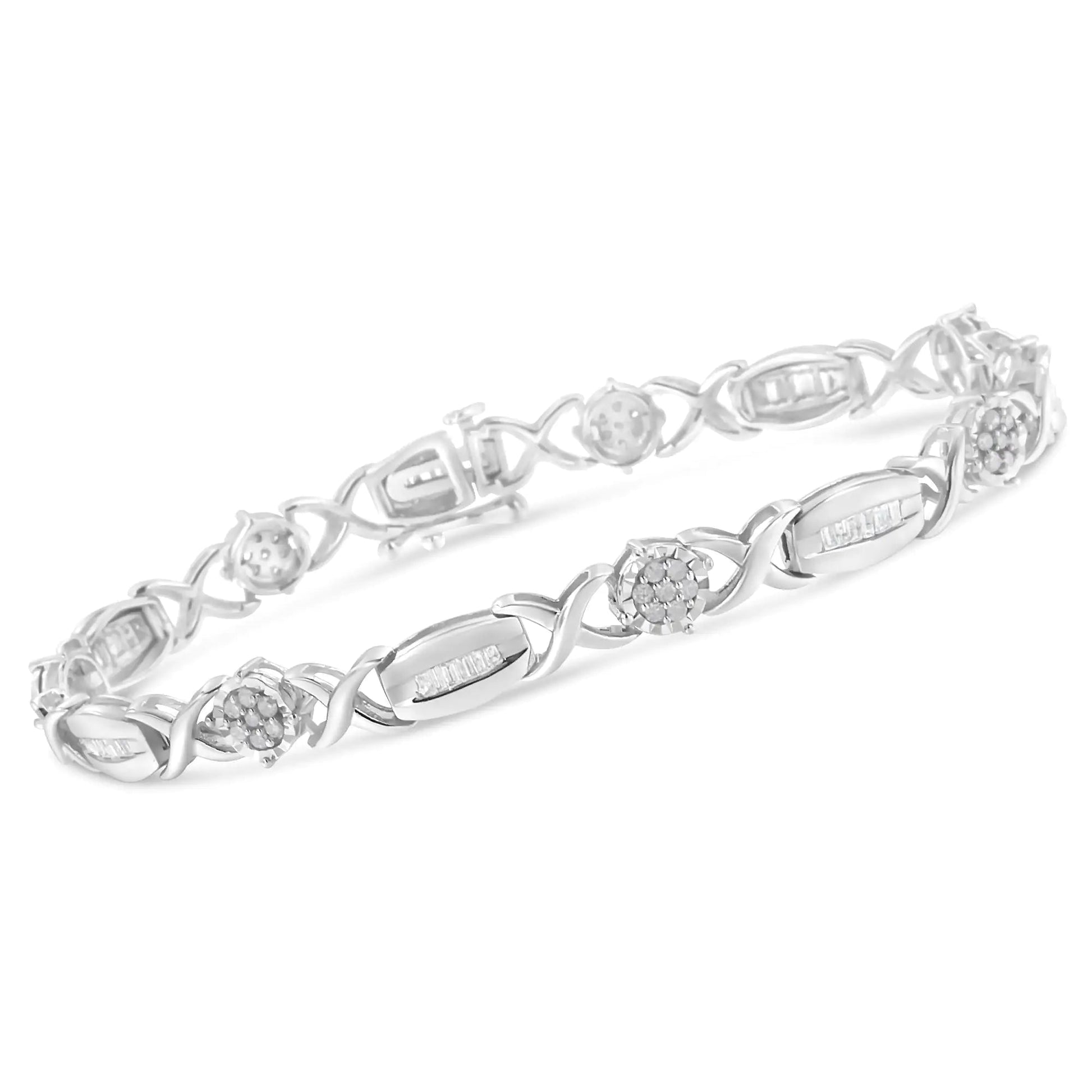 .925 Sterling Silver 1.0 Cttw Round - Cut and Baguette - Cut Diamond X - Link Bracelet (I - J Color, I1 - I2 Clarity) - 7" - Jaazi Intl