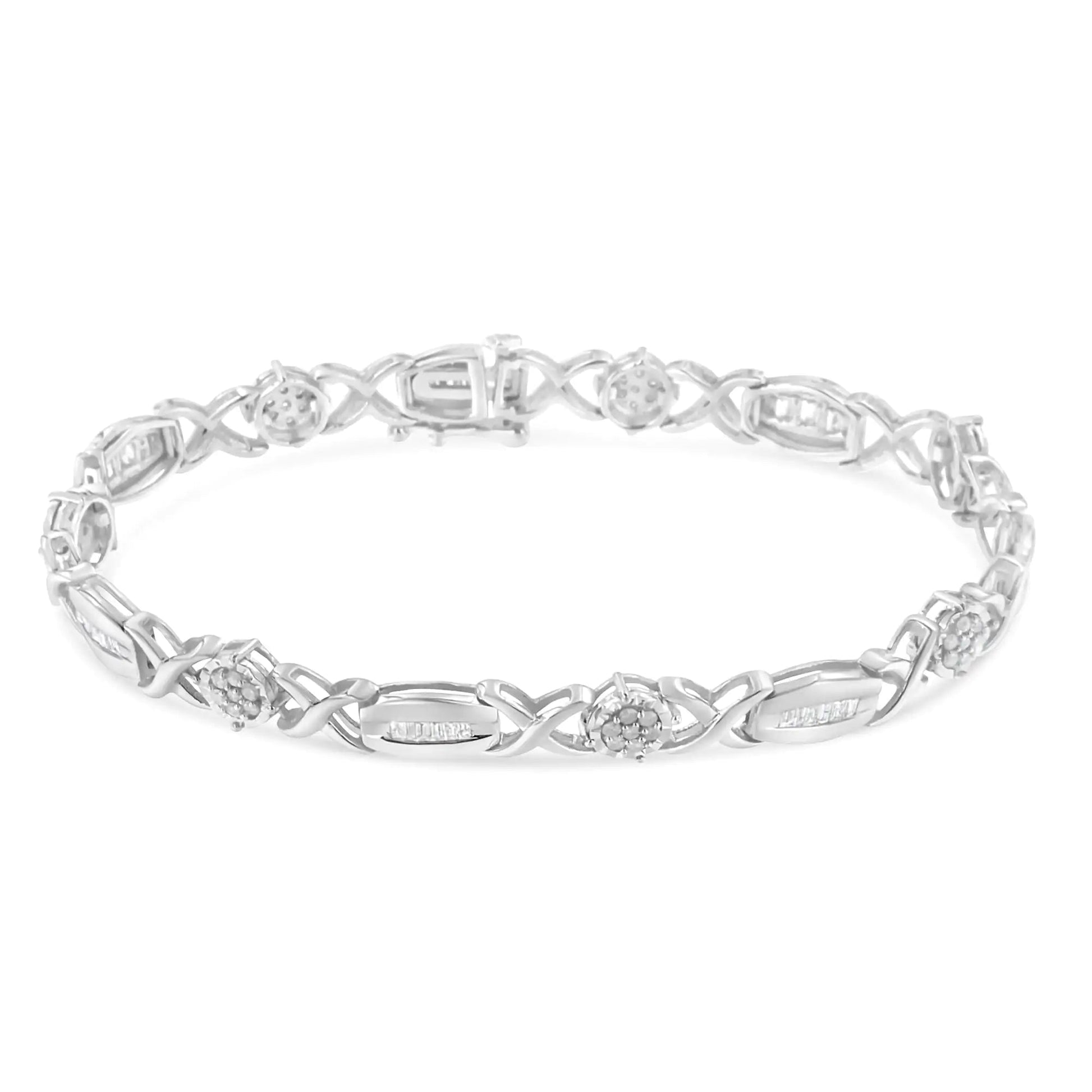 .925 Sterling Silver 1.0 Cttw Round - Cut and Baguette - Cut Diamond X - Link Bracelet (I - J Color, I1 - I2 Clarity) - 7" - Jaazi Intl