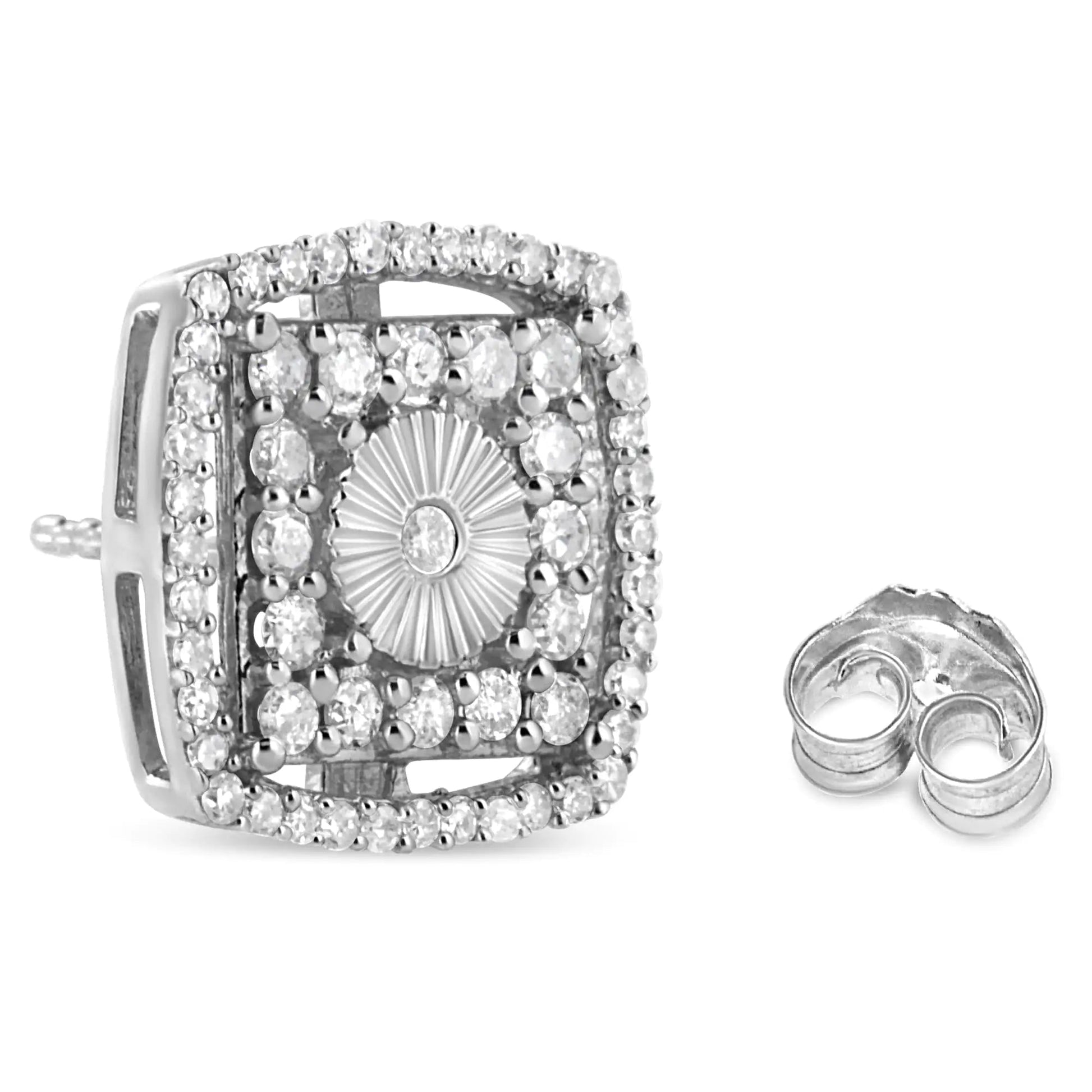 .925 Sterling Silver 1.0 Cttw Round Diamond Double Halo and Disc Stud Earring (I - J Color, I2 - I3 Clarity) - Jaazi Intl