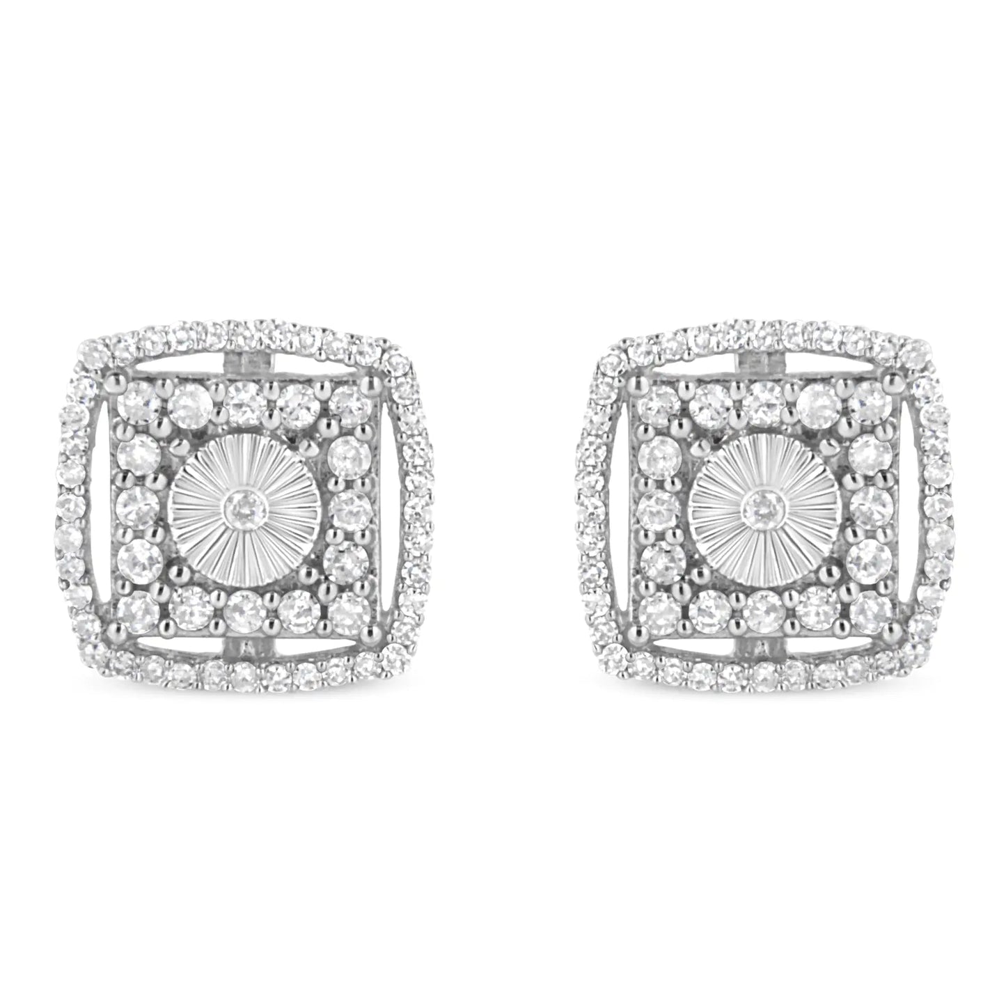 .925 Sterling Silver 1.0 Cttw Round Diamond Double Halo and Disc Stud Earring (I - J Color, I2 - I3 Clarity) - Jaazi Intl