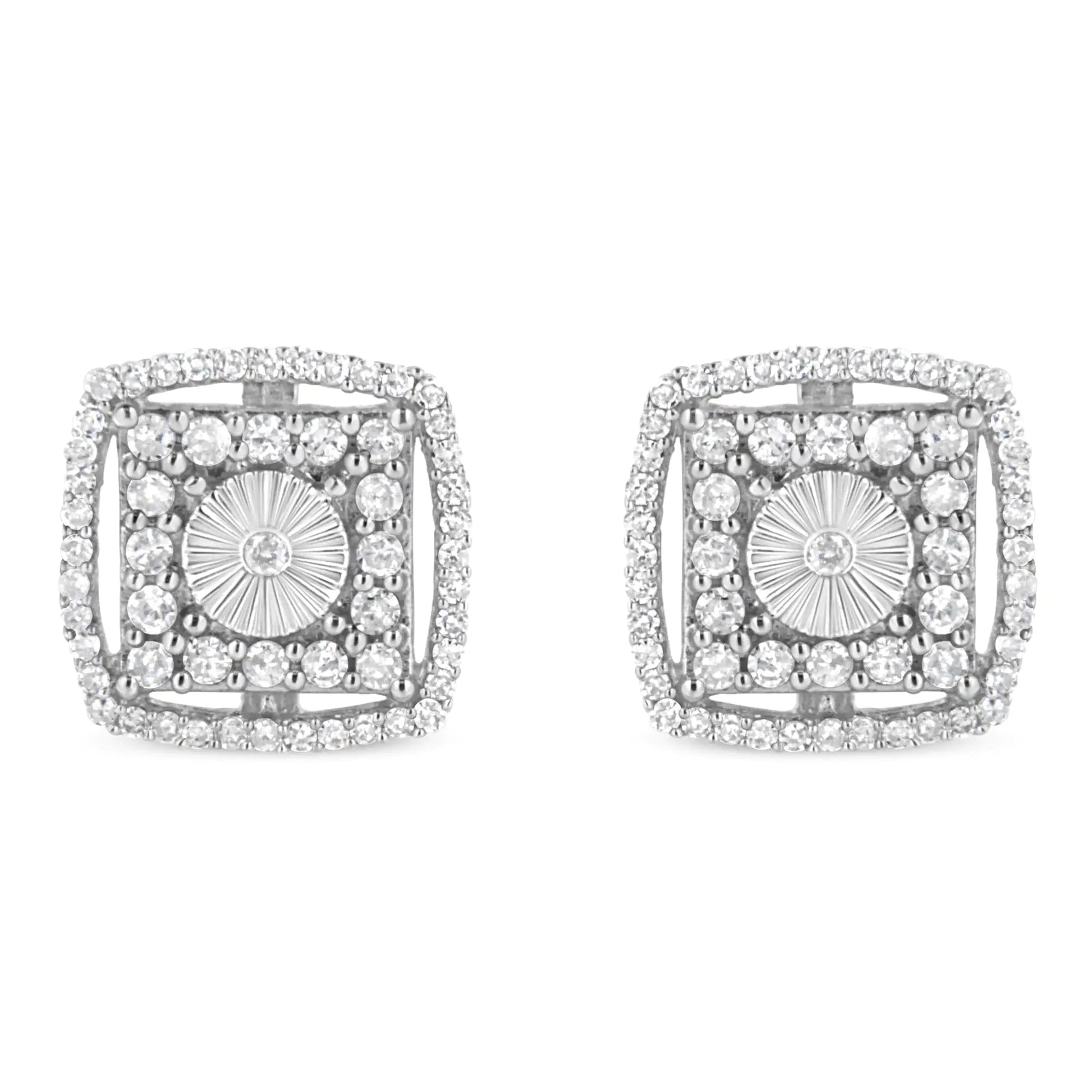 .925 Sterling Silver 1.0 Cttw Round Diamond Double Halo and Disc Stud Earring (I - J Color, I2 - I3 Clarity) - Jaazi Intl