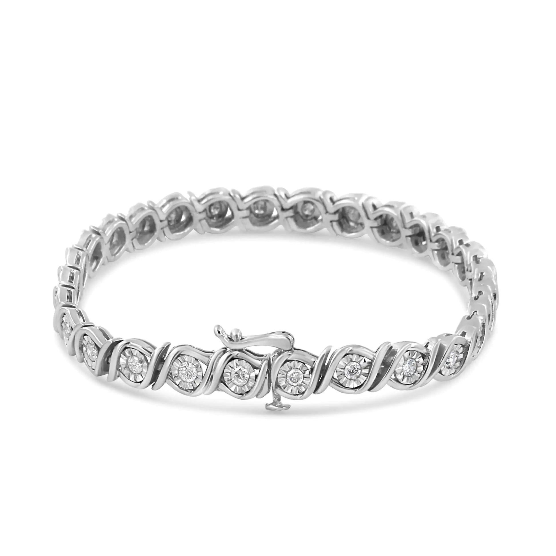 .925 Sterling Silver 1.0 Cttw Round Diamond Miracle Plate and "S" Link Tennis Bracelet (I - J Color, I3 Clarity) - 7" - Jaazi Intl