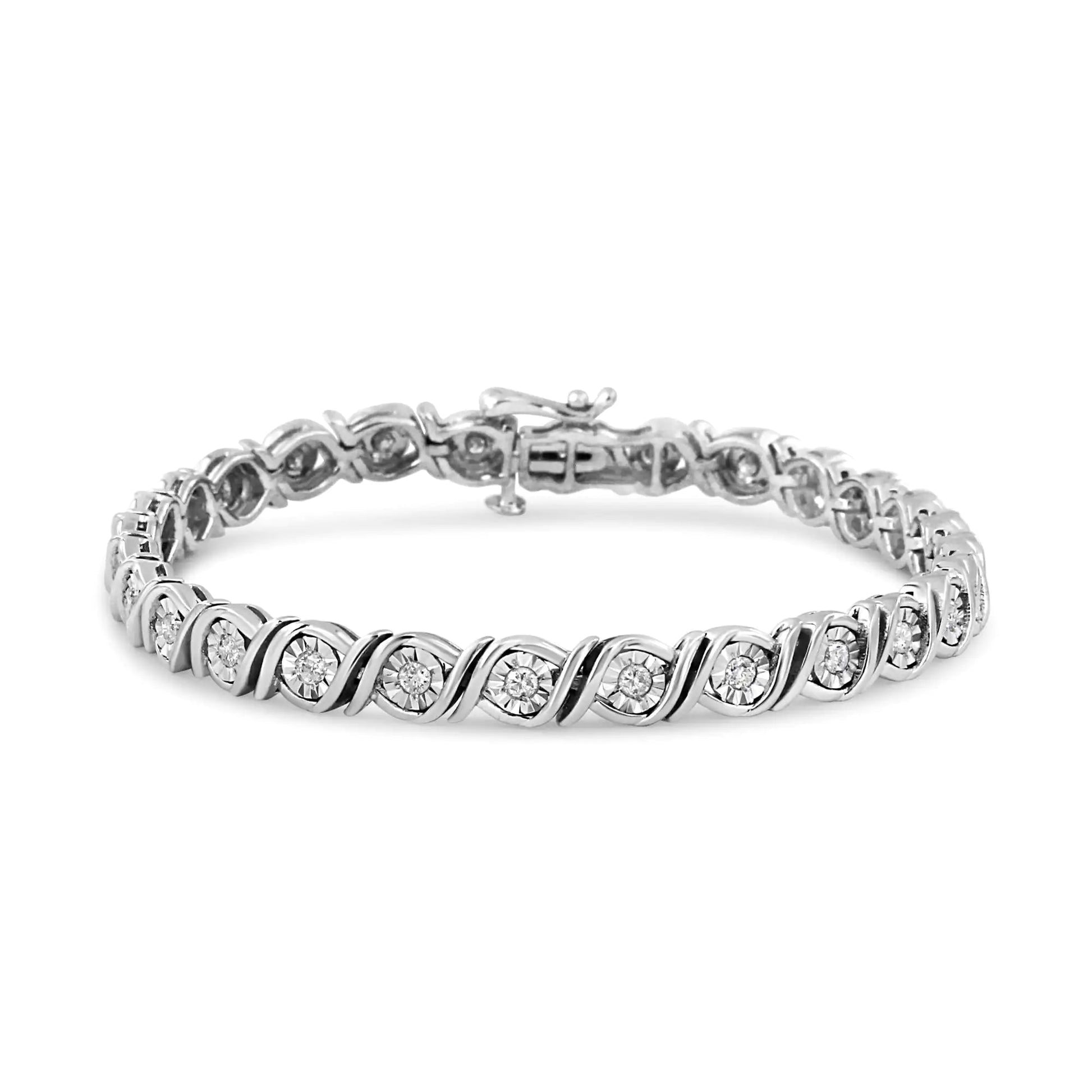 .925 Sterling Silver 1.0 Cttw Round Diamond Miracle Plate and "S" Link Tennis Bracelet (I - J Color, I3 Clarity) - 7" - Jaazi Intl