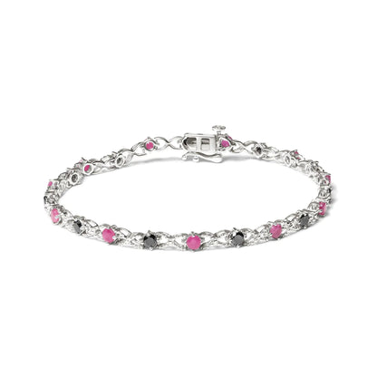 .925 Sterling Silver 1.00 Cttw Treated Black Diamond with 3.00mm Lab Created Pink Ruby 7.25" X - Link Bracelet (Black Color, I2 - I3 Clarity) - Jaazi Intl