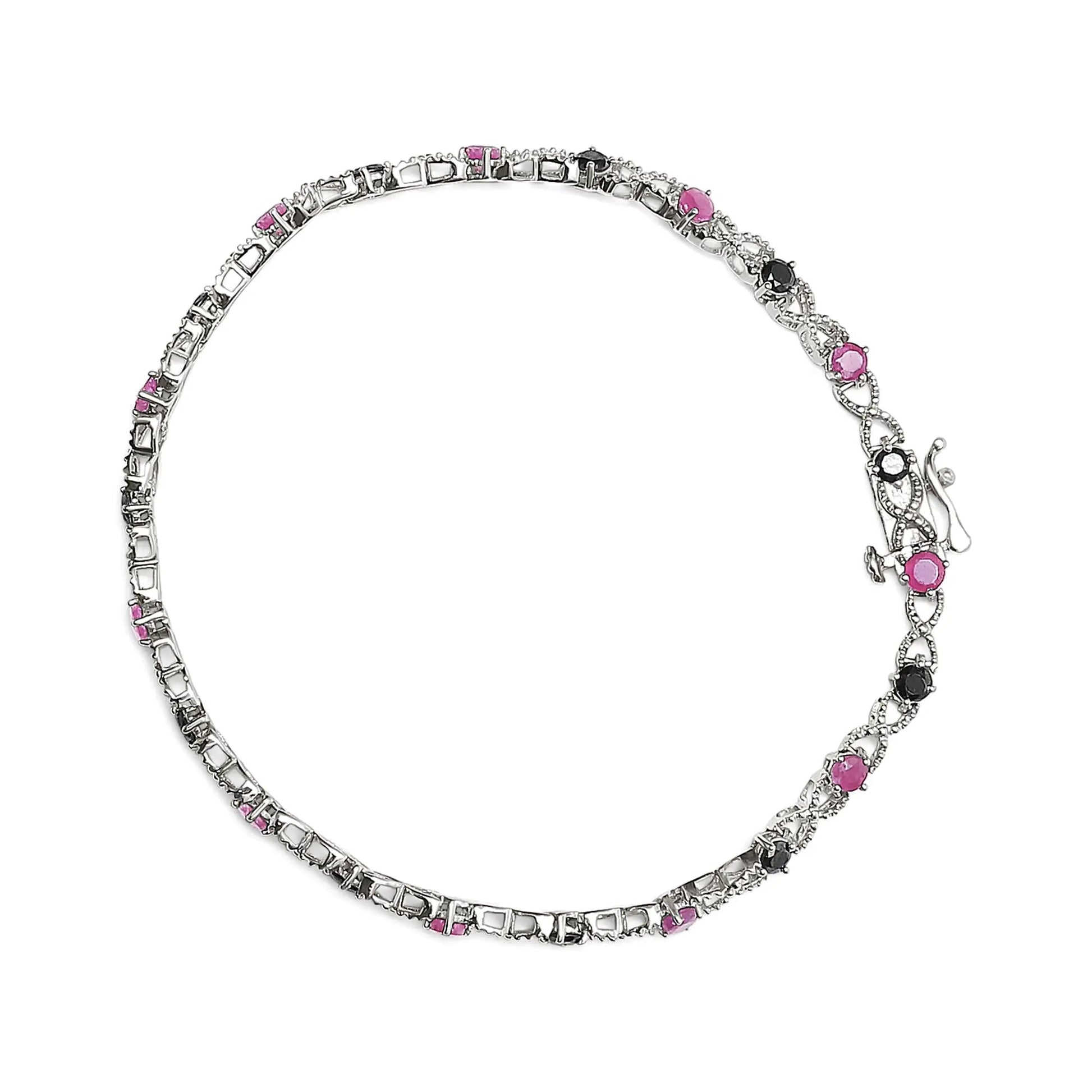 .925 Sterling Silver 1.00 Cttw Treated Black Diamond with 3.00mm Lab Created Pink Ruby 7.25" X - Link Bracelet (Black Color, I2 - I3 Clarity) - Jaazi Intl