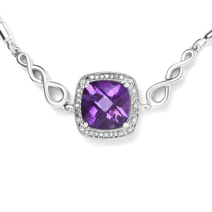 .925 Sterling Silver 10mm Cushion Cut Amethyst Gemstone and Diamond Accent Lariat 4” - 10” Adjustable Bolo Bracelet (H - I Color, SI1 - SI2 Clarity) - Jaazi Intl