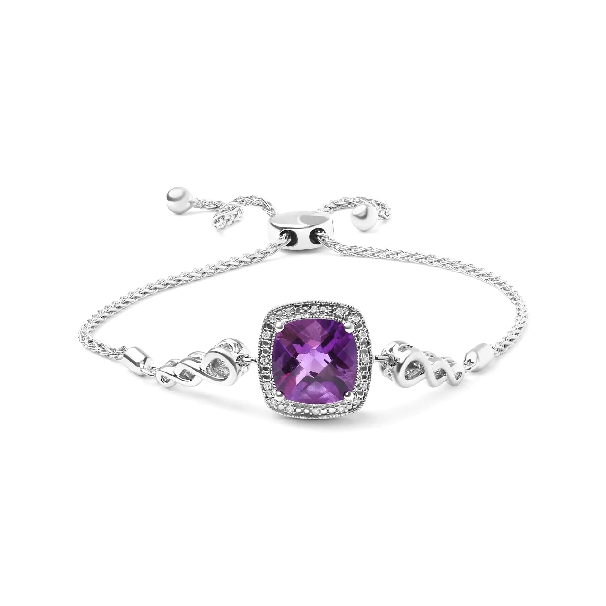 .925 Sterling Silver 10mm Cushion Cut Amethyst Gemstone and Diamond Accent Lariat 4” - 10” Adjustable Bolo Bracelet (H - I Color, SI1 - SI2 Clarity) - Jaazi Intl