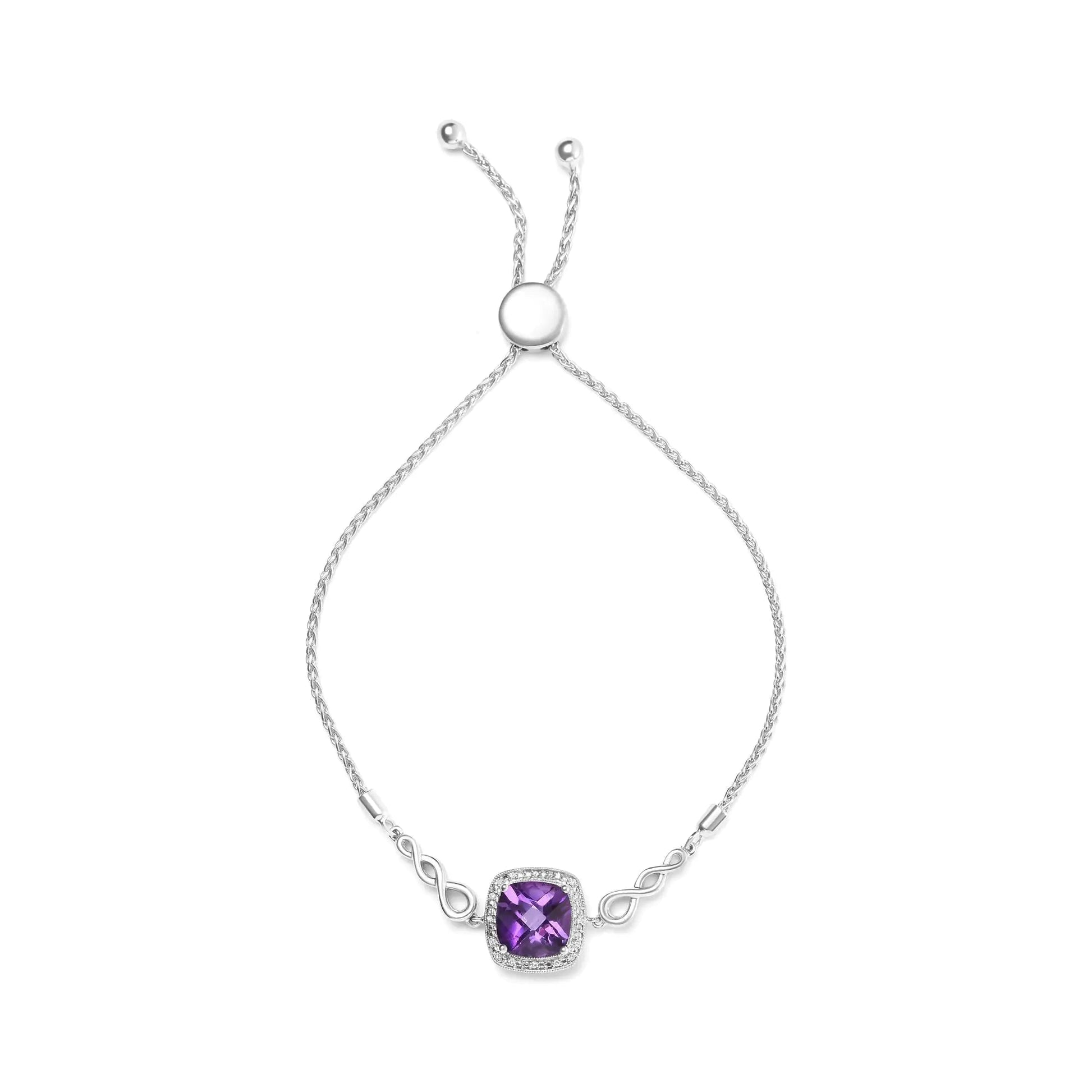 .925 Sterling Silver 10mm Cushion Cut Amethyst Gemstone and Diamond Accent Lariat 4” - 10” Adjustable Bolo Bracelet (H - I Color, SI1 - SI2 Clarity) - Jaazi Intl