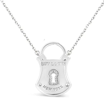 .925 Sterling Silver 1/10 Cttw Diamond Lock Pendant 18" Necklace (H - I Color, I1 - I2 Clarity) - Jaazi Intl