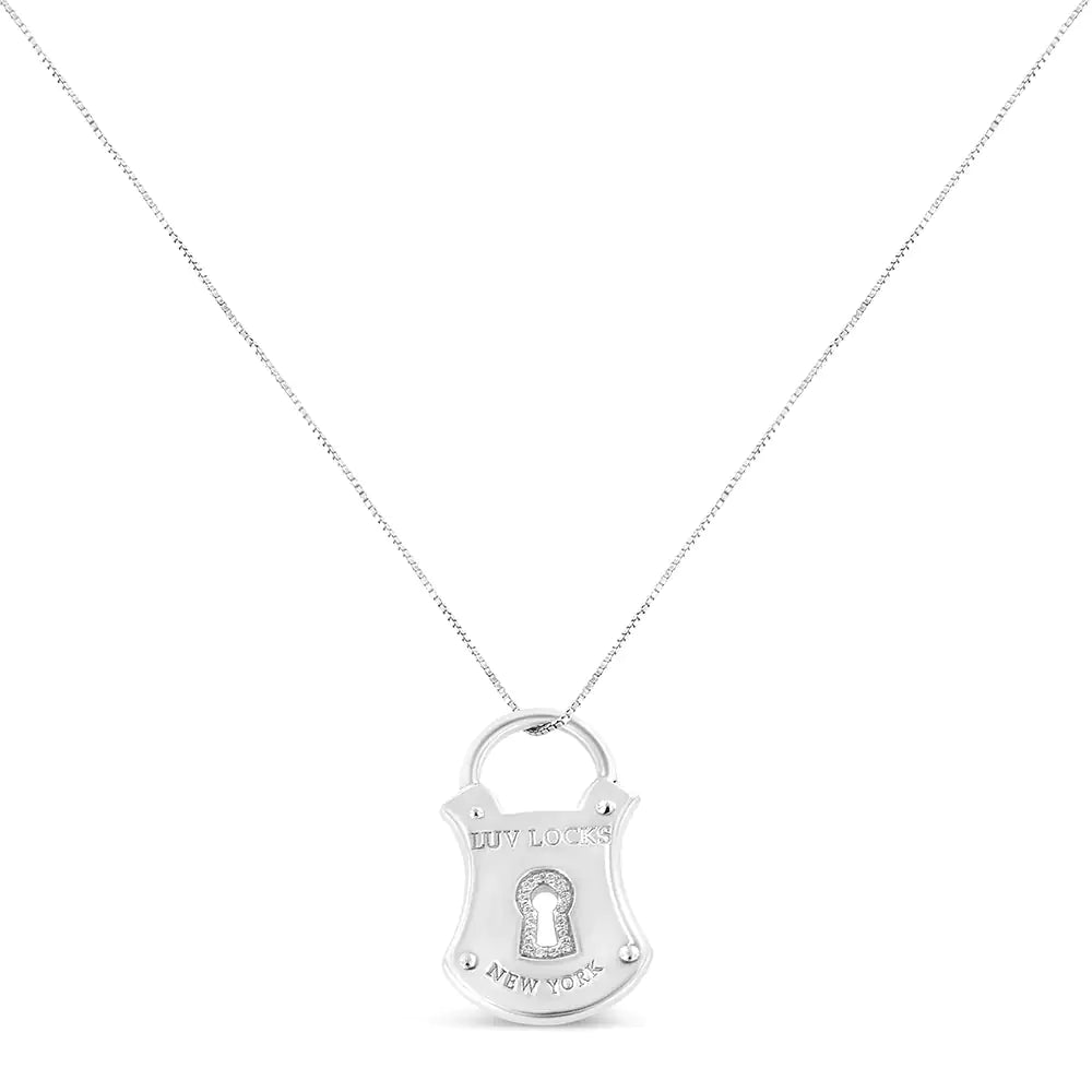 .925 Sterling Silver 1/10 Cttw Diamond Lock Pendant 18" Necklace (H - I Color, I1 - I2 Clarity) - Jaazi Intl