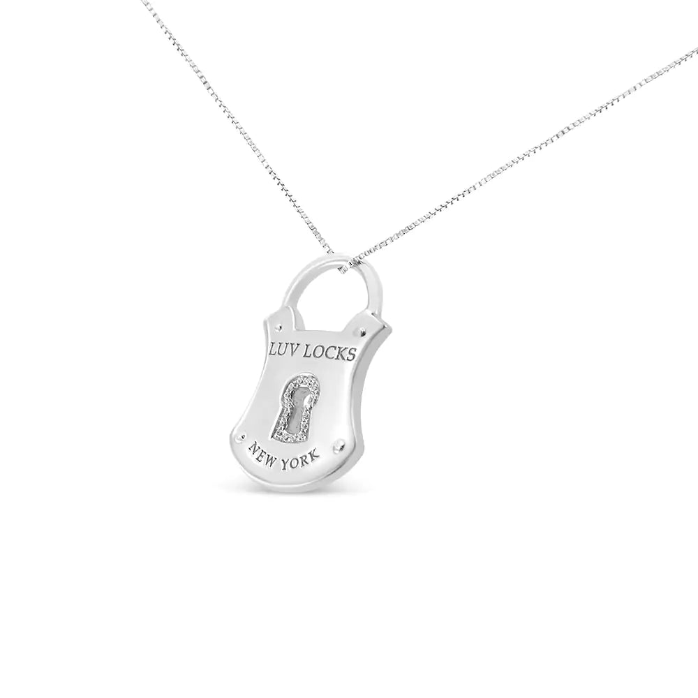 .925 Sterling Silver 1/10 Cttw Diamond Lock Pendant 18" Necklace (H - I Color, I1 - I2 Clarity) - Jaazi Intl