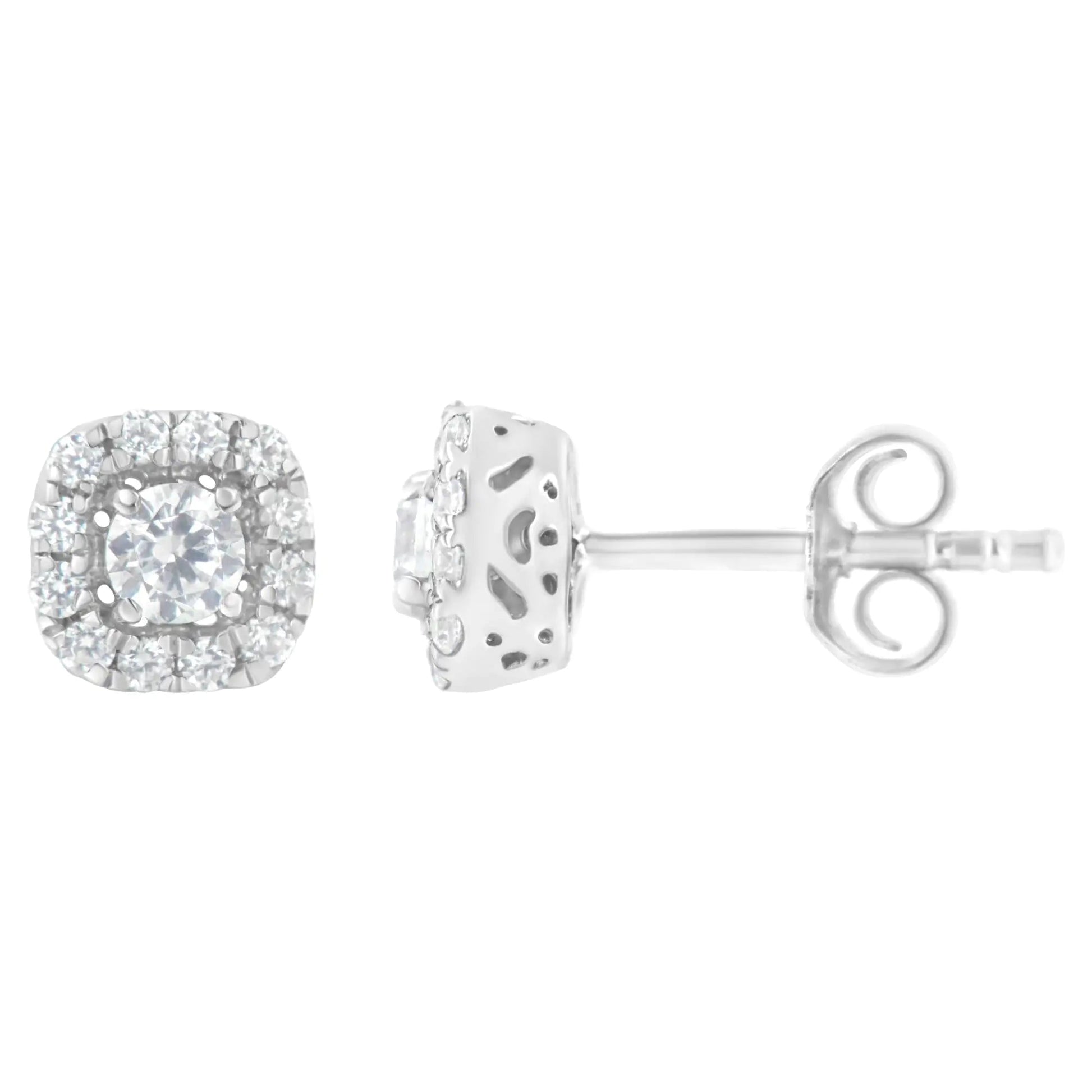 .925 Sterling Silver 1/2 cttw Brilliant Round - Cut Diamond Solitaire with Halo Stud Earring (I - J, I2 - I3) - Jaazi Intl