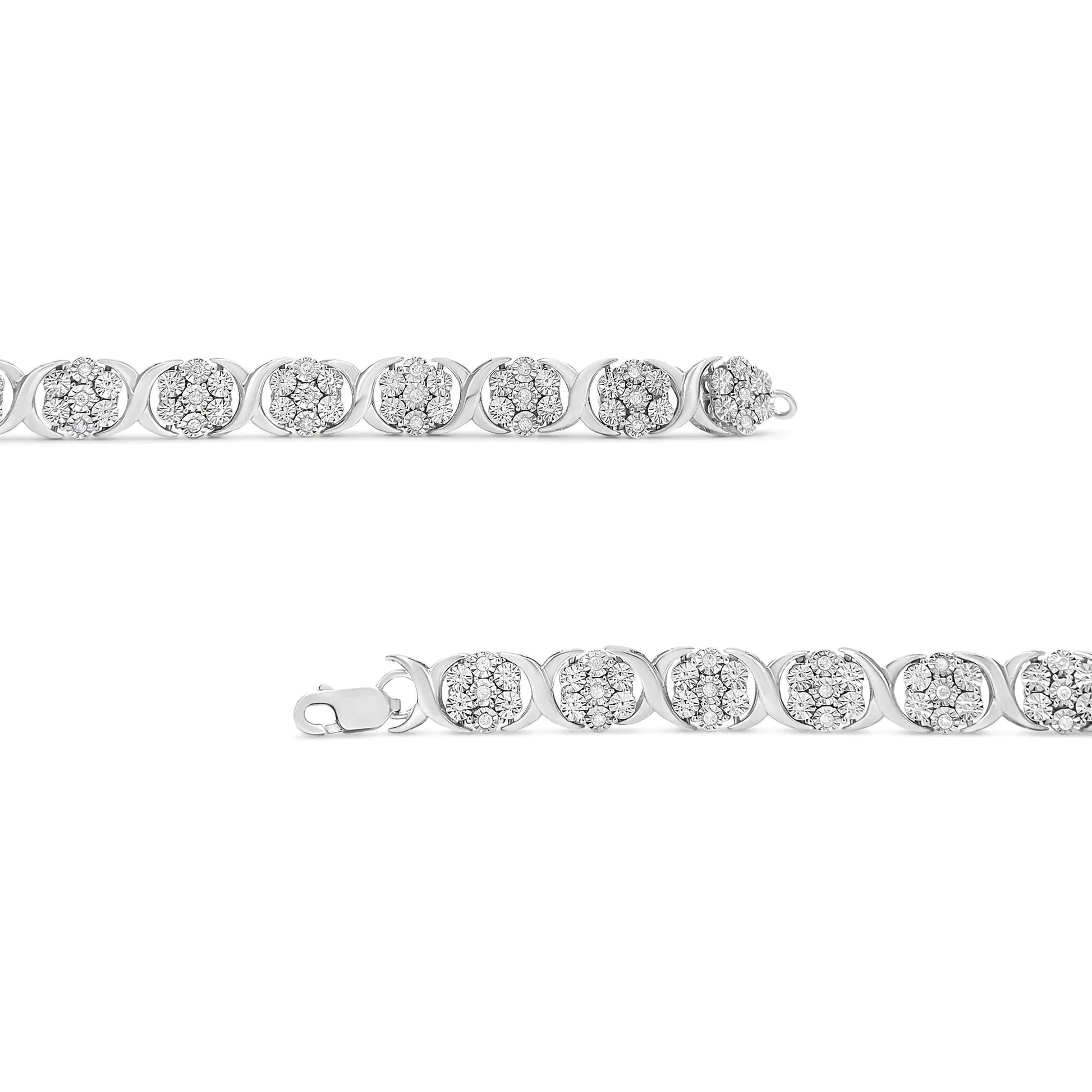 .925 Sterling Silver 1/2 Cttw Diamond 7 Stone Floral Cluster Link Bracelet (I - J Color, I2 - I3 Clarity) - 7.25" Inches - Jaazi Intl