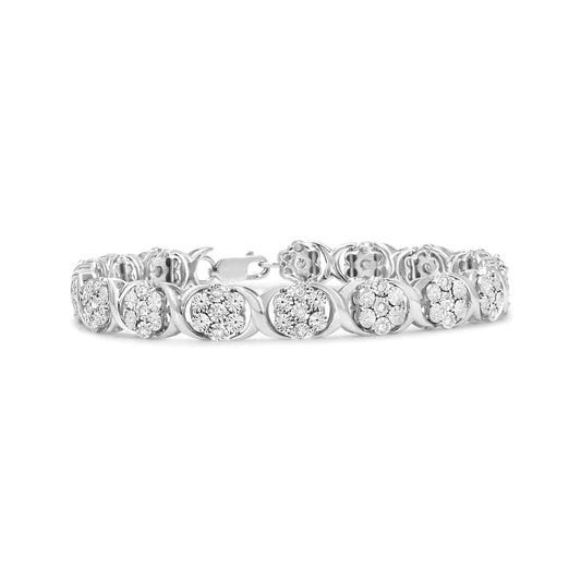 .925 Sterling Silver 1/2 Cttw Diamond 7 Stone Floral Cluster Link Bracelet (I - J Color, I2 - I3 Clarity) - 7.25" Inches - Jaazi Intl