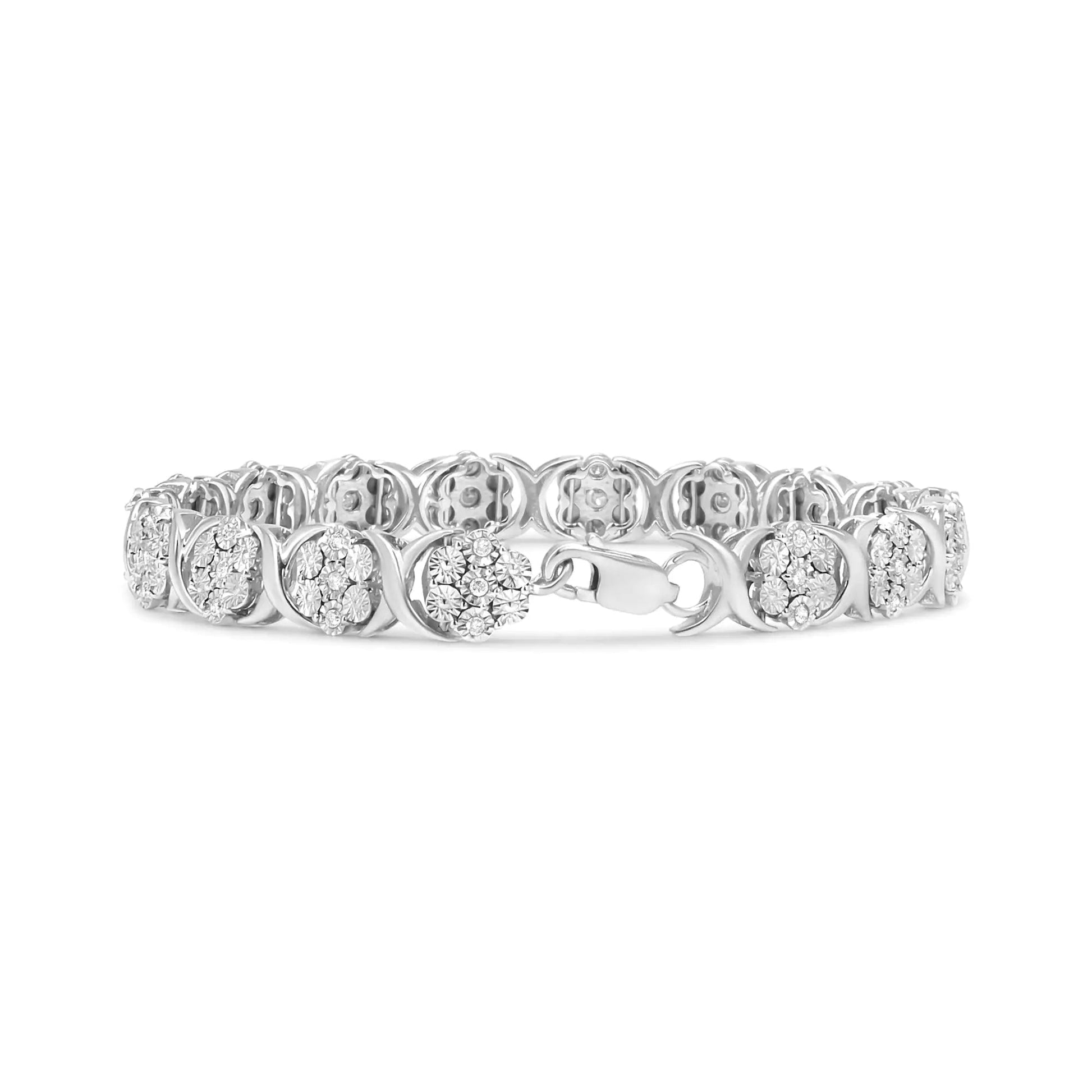 .925 Sterling Silver 1/2 Cttw Diamond 7 Stone Floral Cluster Link Bracelet (I - J Color, I2 - I3 Clarity) - 7.25" Inches - Jaazi Intl