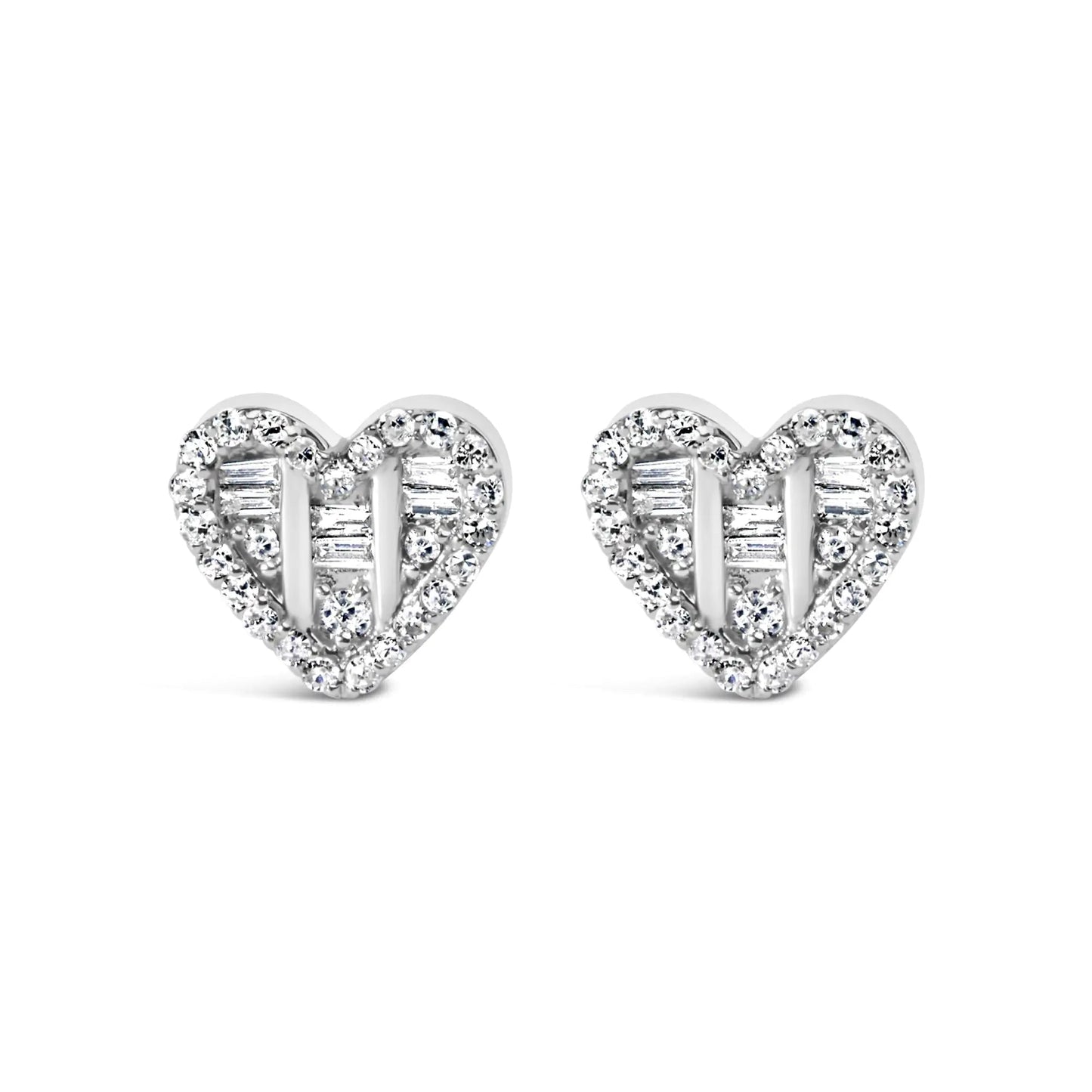 .925 Sterling Silver 1/2 Cttw Round and Baguette Diamond Composite Heart Shaped Stud Earring (I - J Color, SI2 - I1 Clarity) - Jaazi Intl