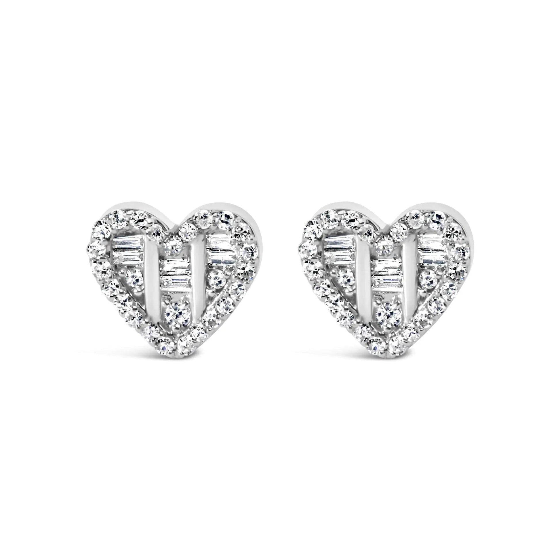 .925 Sterling Silver 1/2 Cttw Round and Baguette Diamond Composite Heart Shaped Stud Earring (I - J Color, SI2 - I1 Clarity) - Jaazi Intl