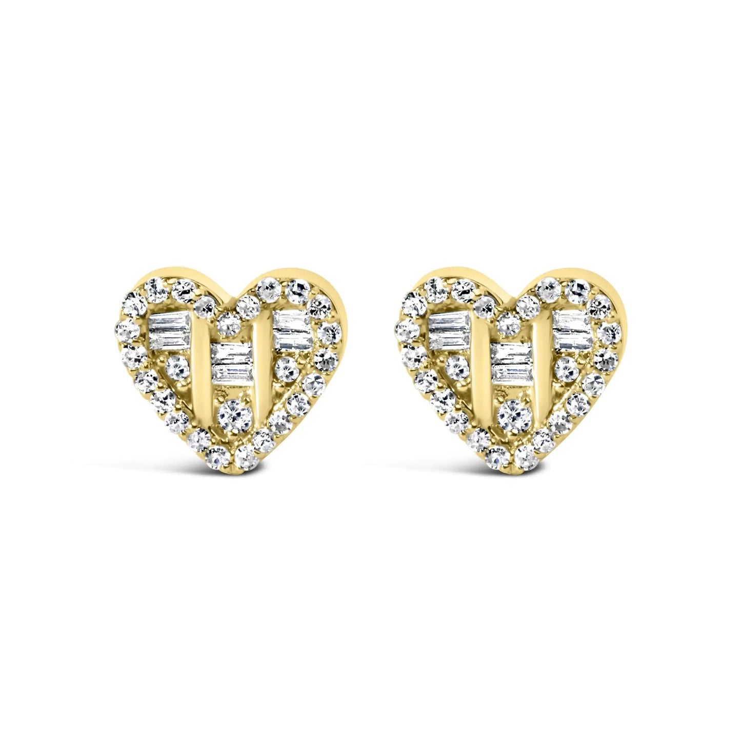 .925 Sterling Silver 1/2 Cttw Round and Baguette Diamond Composite Heart Shaped Stud Earring (I - J Color, SI2 - I1 Clarity) - Jaazi Intl