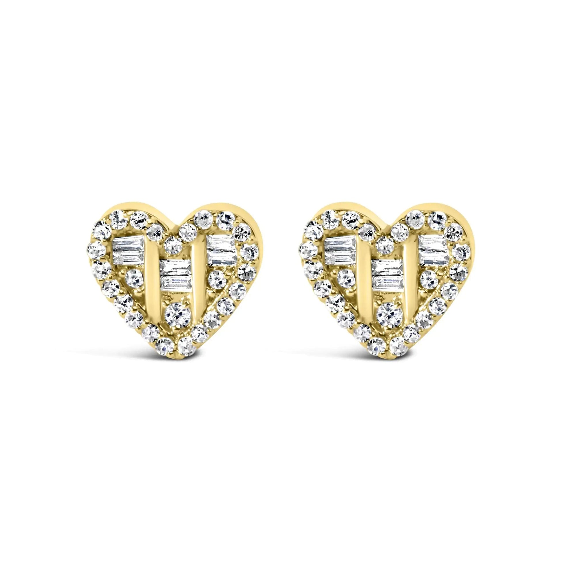 .925 Sterling Silver 1/2 Cttw Round and Baguette Diamond Composite Heart Shaped Stud Earring (I - J Color, SI2 - I1 Clarity) - Jaazi Intl