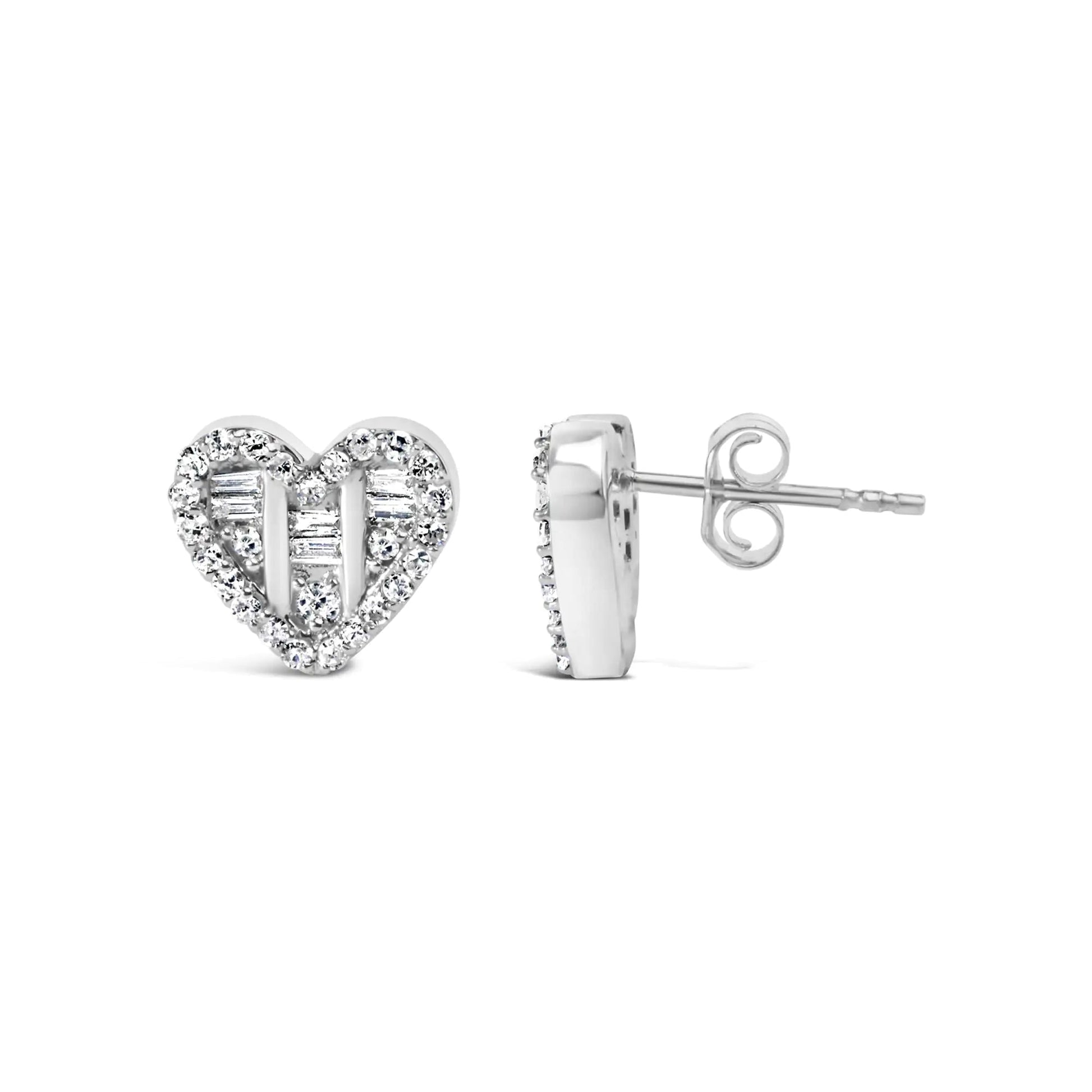 .925 Sterling Silver 1/2 Cttw Round and Baguette Diamond Composite Heart Shaped Stud Earring (I - J Color, SI2 - I1 Clarity) - Jaazi Intl